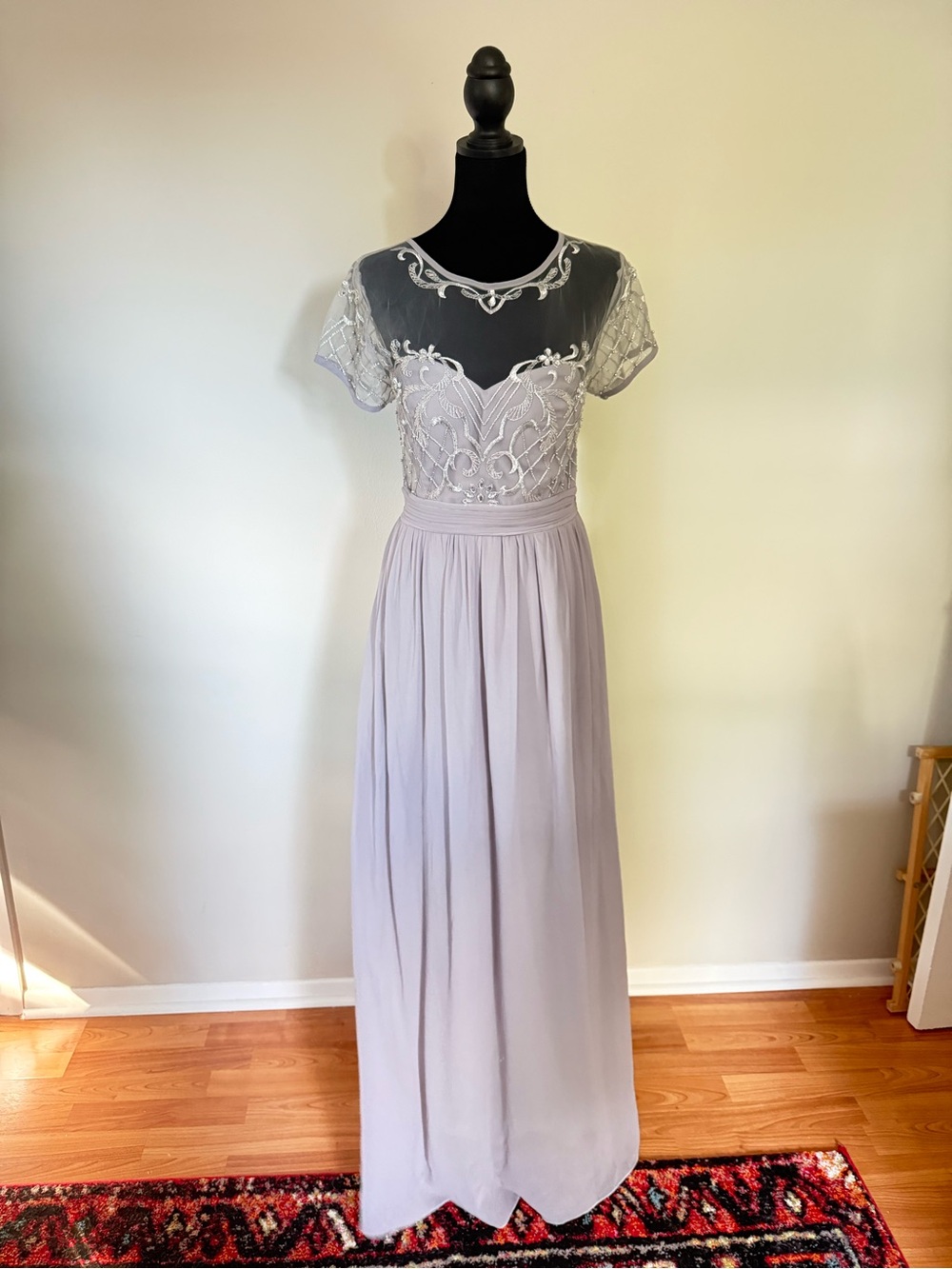 Lavender Gray Lace-Embellished Maxi Dress with Sheer Yoke